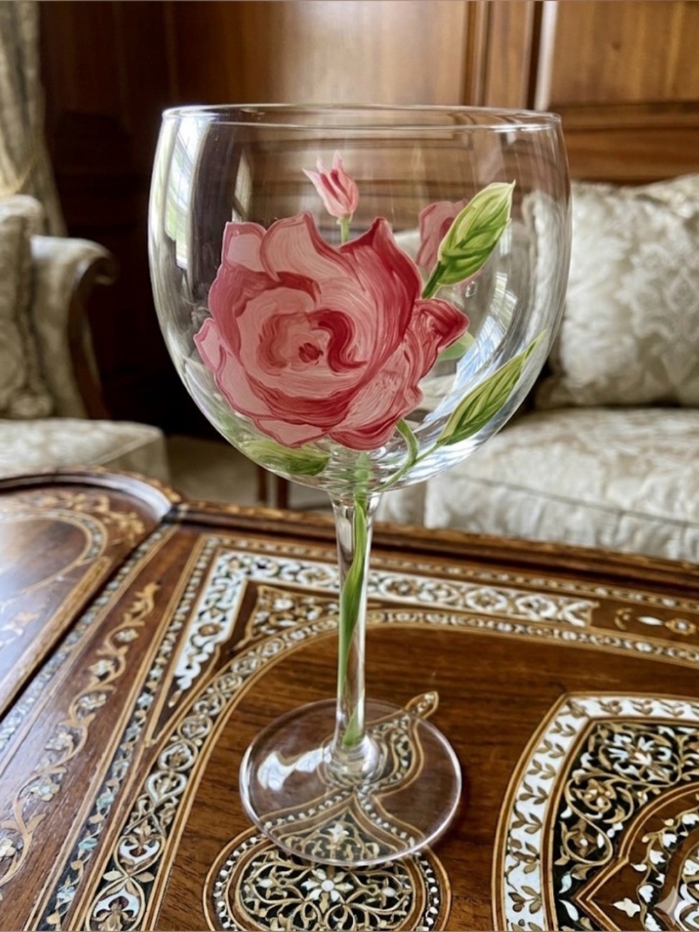 Vintage Hand-Painted Pink Rose Wine Glass with Floral Stem